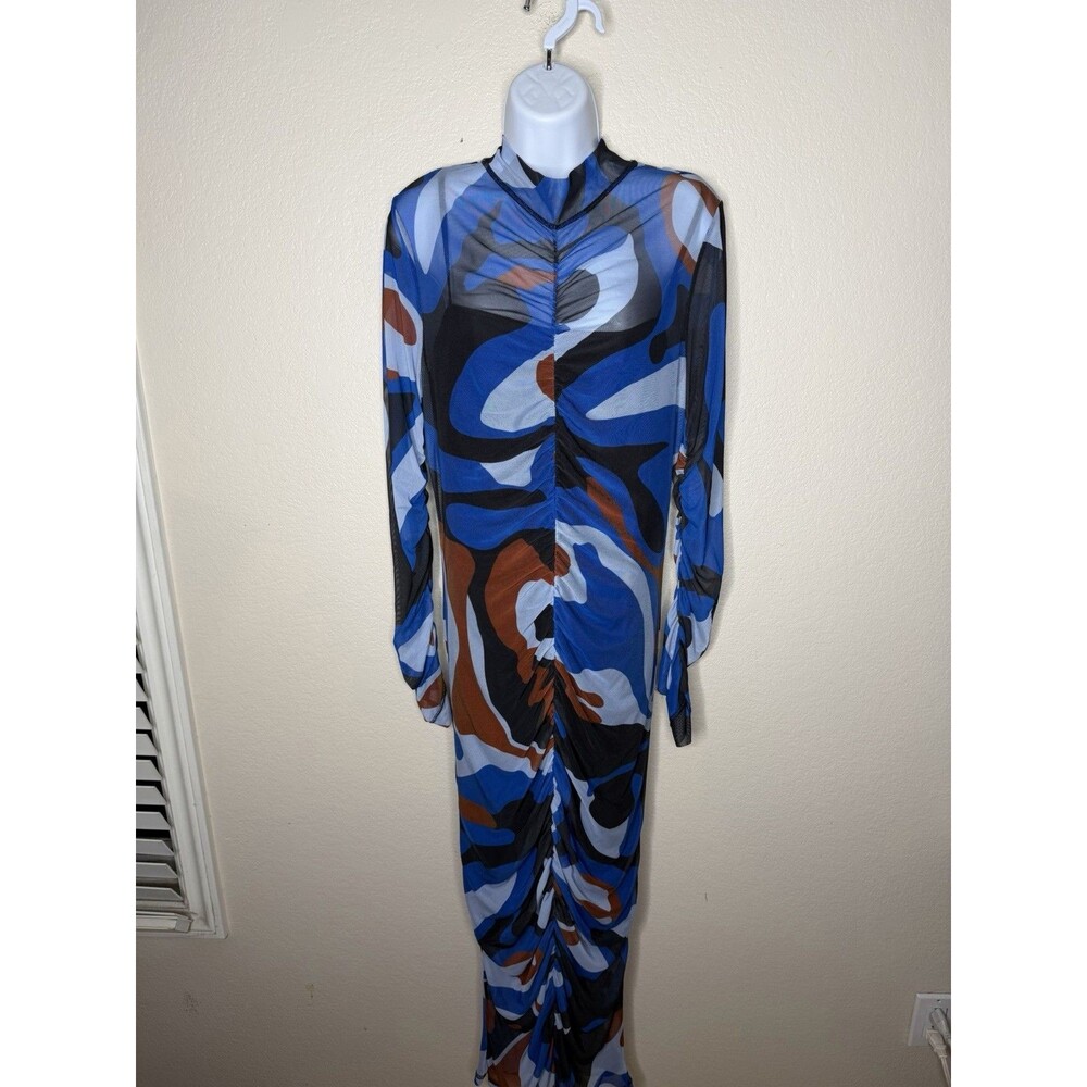 New Monica Ahanonu Long Sleeve Maxi Mesh Dress Blue Black 2pc Size XL NWT - Picture 2 of 9